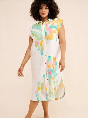 Maeve White Midi Shirt Dress with Pastel Yellow, Pink and Teal Print